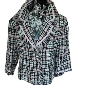 Metrostyle  size 12 pink & white check skirt suit frayed details like new